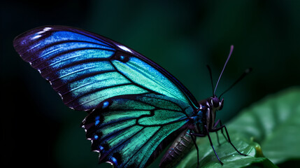 Close up of beautiful blue butterfly rhombus shaped wings pollinating on flower