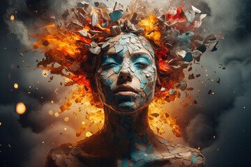 Abstract mental health concept with exploding fractured mind.  Generative AI.