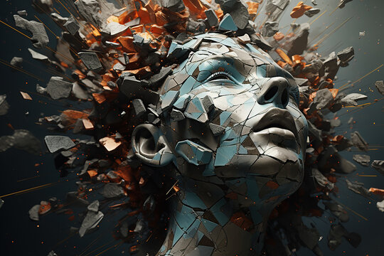 Abstract mental health concept with exploding fractured mind.  Generative AI.
