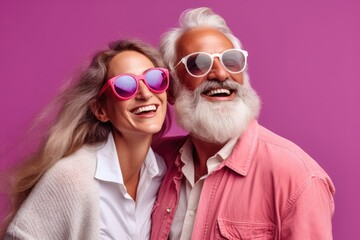 Happy Couple of mature people in sunglasses enjoying and having fun in vacations on purplebackground , copy space, ai generative