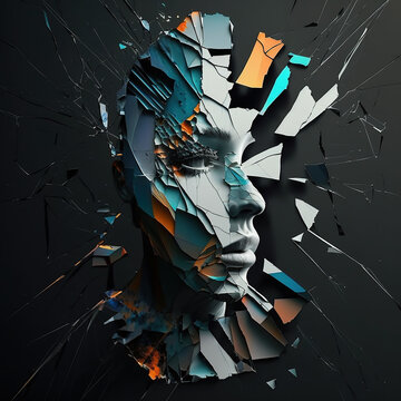 Abstract mental health concept with exploding fractured mind.  Generative AI.
