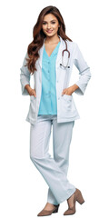 Full length portrait of smiling female doctor with stethoscope