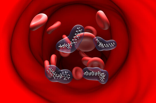 Vitamin E structure in the blood flow &ndash; ball and stick section view 3d illustration