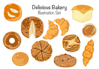 Set of bakery breads, breads, and fresh pastries. Delicious. Vector illustration isolated on a white background.