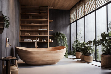Zen-inspired bathroom with a freestanding bathtub and natural materials, Interiors, 