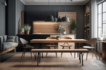 Scandinavian-inspired dining room with a minimalist wooden table, Interiors, 