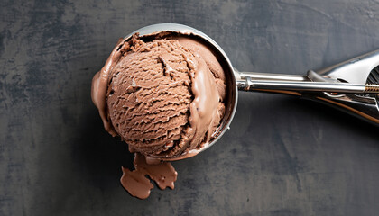 Chocolate ice cream in metal spoon for ice cream, dark background, top view