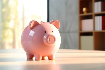 Close-up of a pink piggy bank on a table in a modern apartment interior. Accumulation and savings.