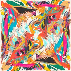 Silk scarf modern artistic design with bright colorful ornament. Abstract ethnic style. Fashionable template for your design, Generative AI
