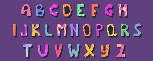 Font funky alphabet for kids. Playful font childich design. Cute letter funky type. Cartoon vector illustration. Happy comic bold style