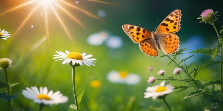 Sunny summer nature background with fly butterfly and wild flowers on Forest glade grass with sunlight and bokeh. beautiful Outdoor nature