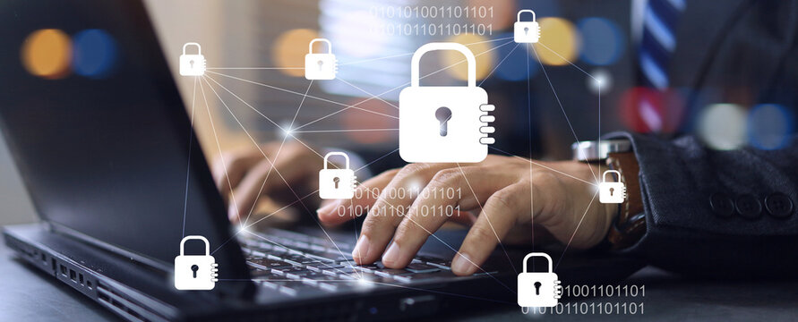 Banner of businessman using password to unlock computer screen to access sensitive data and cyber protection. Protect data from hacker and virus. Cyber security concept