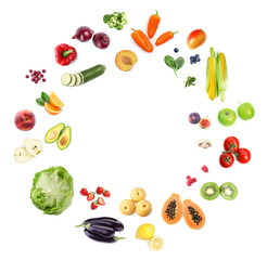 Frame of different fresh fruits and vegetables on white background, top view
