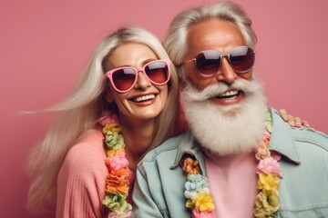 Happy Couple of mature people in sunglasses enjoying and having fun in vacations . Studio shooting, copy space, ai generative