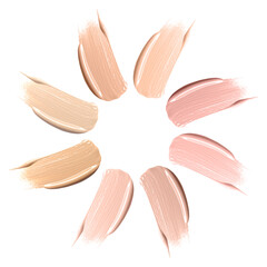 Set of foundation samples in different tones on white background