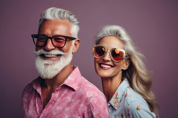 Happy Couple of mature people in sunglasses enjoying and having fun in vacations . Studio shooting, copy space, ai generative