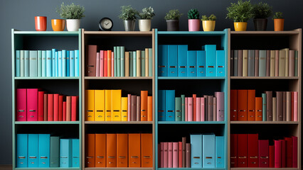 Colorful bookshelves in the library.