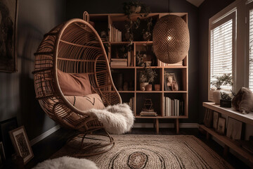 Boho-inspired reading nook with a rattan chair and a woven basket for books, Boho style interior, 