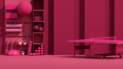 Viva magenta is a trend colour year 2023 in sport fitness equipment. Yoga mat, Laptop, Kettlebell on dark pink background. Trendy 3d render for lifting in the gym, home.