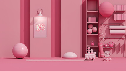 Sport fitness equipment, yoga mat, Kettlebell, dumbbells on pink background. Trendy 3d render for fitness, lifting in the gym, home. - obrazy, fototapety, plakaty