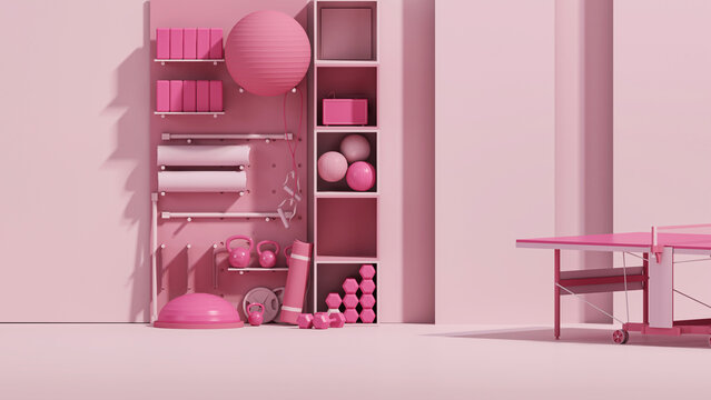 Sport fitness equipment, yoga mat, Kettlebell, dumbbells on pink background. Trendy 3d render for fitness, lifting in the gym, home.