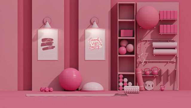 Sport fitness equipment, yoga mat, Kettlebell, dumbbells on pink background. Trendy 3d render for fitness, lifting in the gym, home.