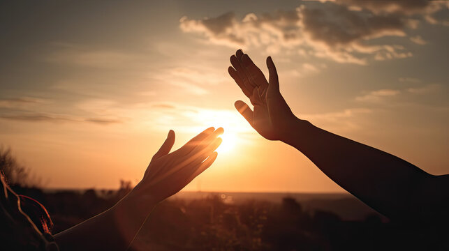 Helping Hands Reaching Out To Help On Sunset Background