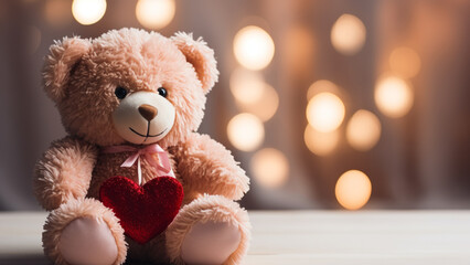 Valentine’s Day. Big Teddy bear holding a red heart.