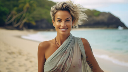 Photography of a pleased, woman in his 40s that is wearing a classic sarong against an exotic island beach background. Generative AI