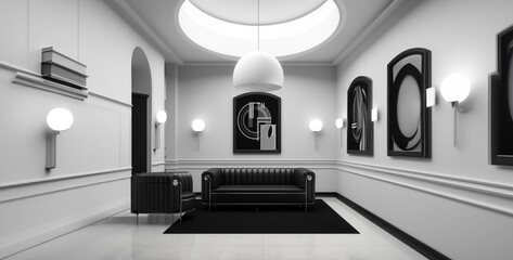 Black and white living room interior and modern furniture and trendy home accessories
