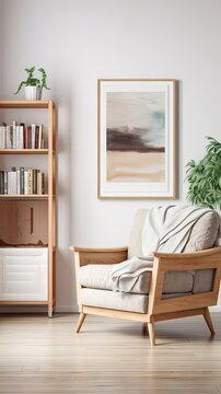 Wooden cabinet with books near the white wall with a big poster frame. The Scandinavian-style home interior design of a modern living room 
