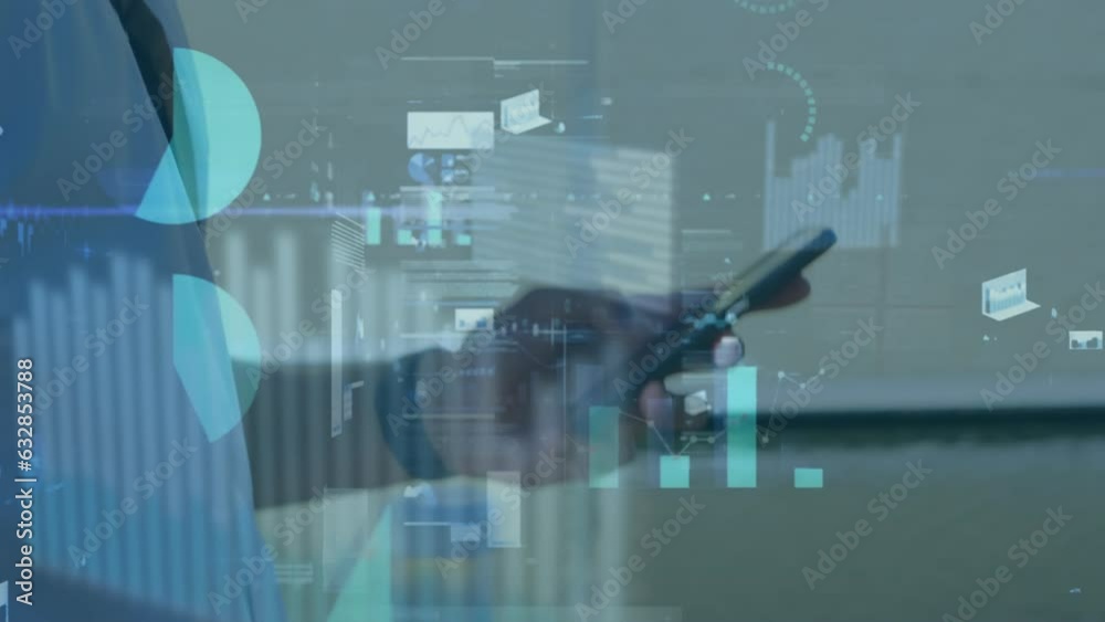 Poster Animation of statistical data processing over mid section of a man using smartphone and walking
