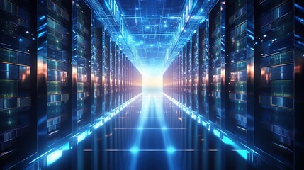 Fototapeta premium Shot of corridor in working data center filled with rack servers and supercomputers AI background
