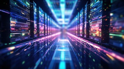 Shot of corridor in working data center filled with rack servers and supercomputers AI background