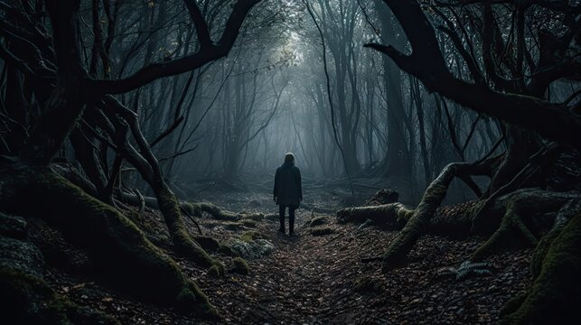 A person stands at the edge of a dark foreboding forest