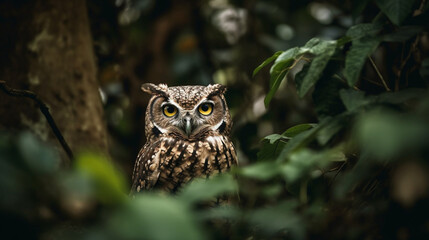 Owl Camouflaged Among Dense Leaves, Jungle Birds, bokeh 