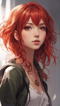 imagine portrait photo of anime girl with short flowing red hair determined look