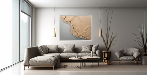 Modern living room design and Map of the Land hangs on a wall gray background