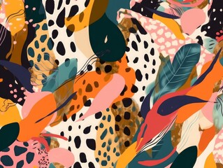 Fototapeta na wymiar Modern colorful abstract pattern with leopard print. Creative collage contemporary seamless pattern. Fashionable template for design, Generative AI