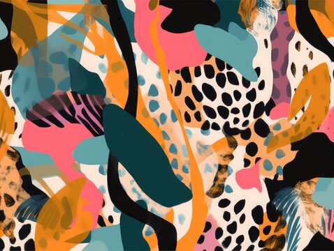 Modern colorful abstract pattern with leopard print. Creative collage contemporary seamless pattern. Fashionable template for design, Generative AI