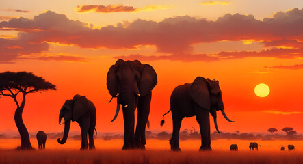Fototapeta na wymiar herd of elephants walking across a dry grass field at sunset with the sun in the background and a few trees in the foreground