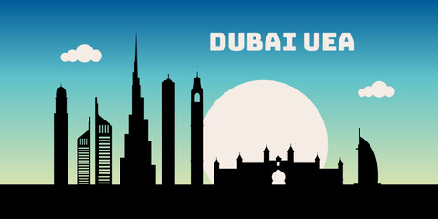 Fototapeta premium Dubai Uni Emirate Arab at night cityscape skyline sketch illustration vector. Famous popular city in the world in red style.