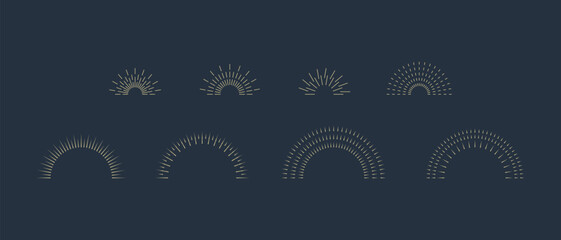 Vintage sunburst icons set. Sun rays. Radial sunset beams. Fireworks. Vector illustration.