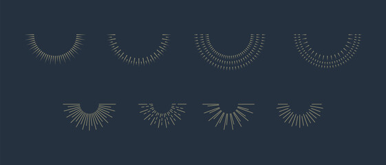 Vintage sunburst icons set. Sun rays. Radial sunset beams. Fireworks. Vector illustration.