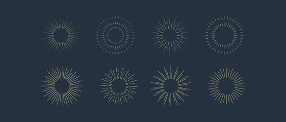 Vintage sunburst icons set. Sun rays. Radial sunset beams. Fireworks. Vector illustration.