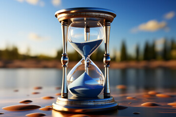 Hourglass on blue background, depicting the passage of time, text space Generative AI