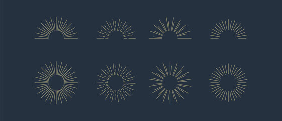 Vintage sunburst icons set. Sun rays. Radial sunset beams. Fireworks. Vector illustration.