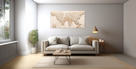 Modern living room design and Map of the Land hangs on a wall gray background