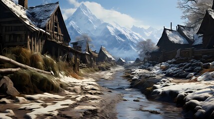 Beautiful Scene at the Foot of the Mountain. Fantasy Backdrop Concept Art Realistic Illustration Video Game Background Digital Painting CG Artwork Scenery Artwork Book Illustration. Generative AI. - 632855787