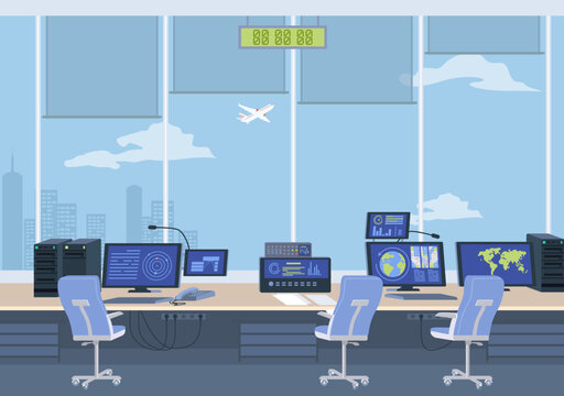 Airport control room with computer and surveillance technology